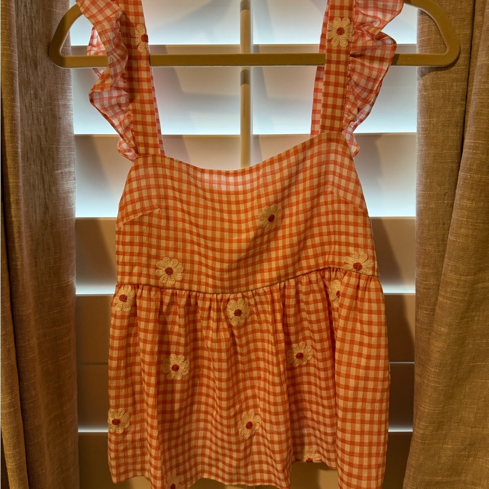 Orange gingham with embroidered daisy tank